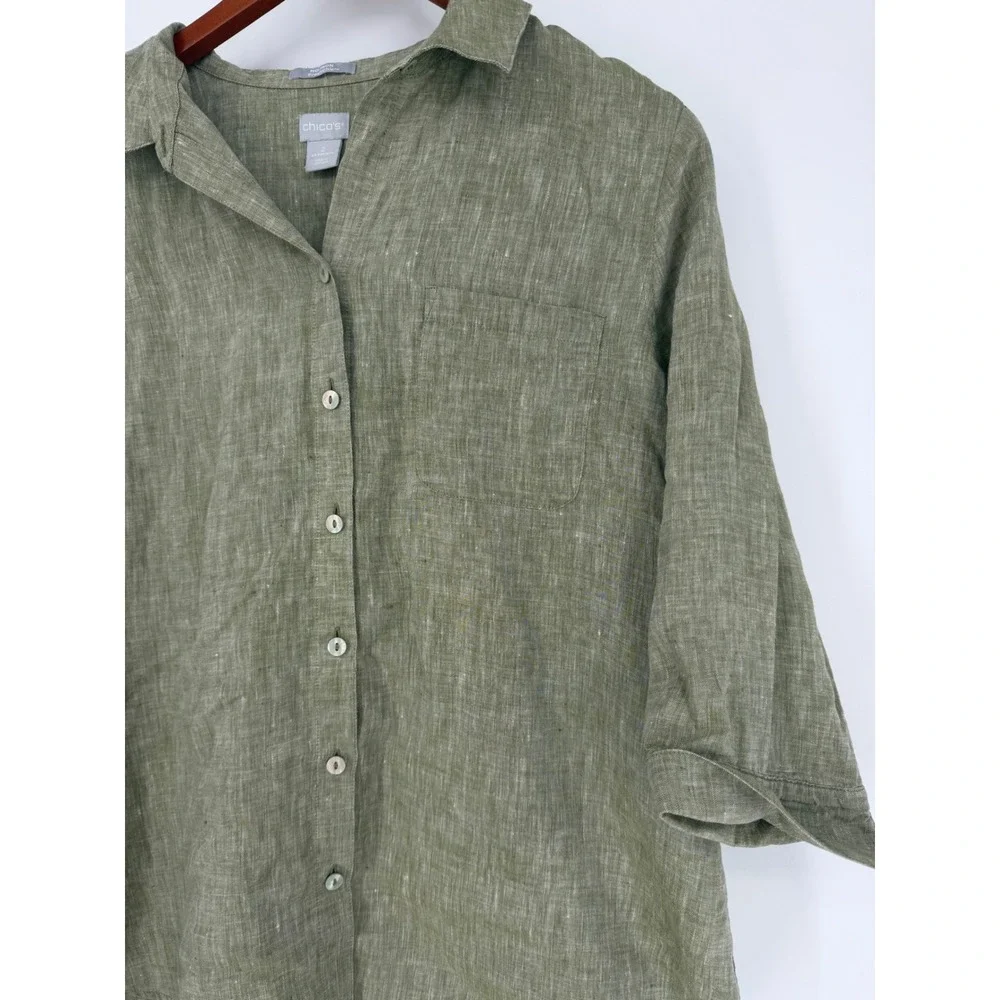 Chicos Womens Linen Button Down Shirt 12 14 2 Lagenlook Coastal Chic Boho - Picture 4 of 11